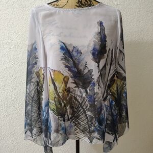 Midnight Velvet Feather Print Blouse - White, Blue, Yellow